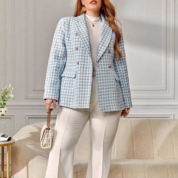 Multicolor PReppy Womens Plaid Tweed Double Breasted Blazer - Picture 1 of 5